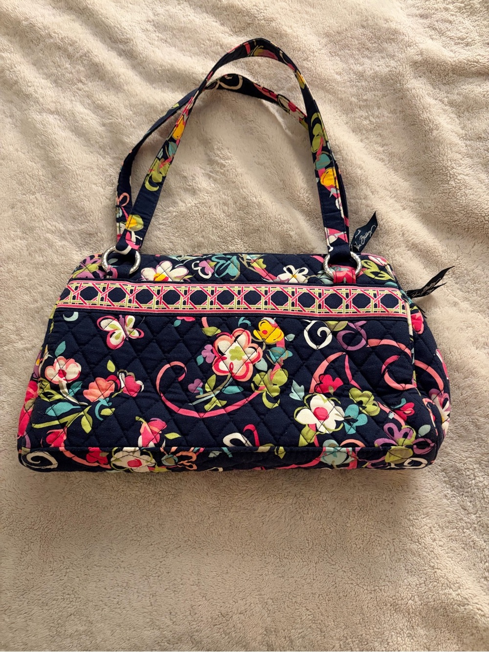 Vera Bradley Navy Quilted Floral Shoulder Bag with Multicolor Accents - Ribbons